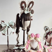 Bunny Bow Lolita Bonnet & KC Headband – Latte or Yellow-Pink
