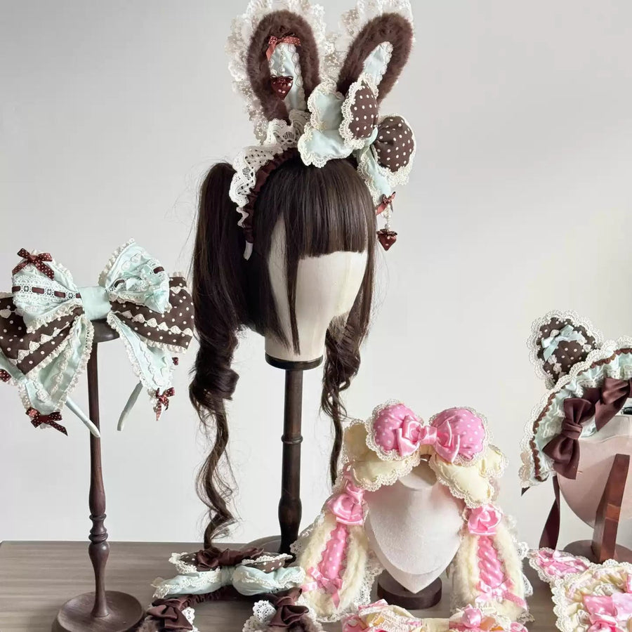 Bunny Bow Lolita Bonnet & KC Headband – Latte or Yellow-Pink