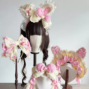 Bunny Bow Lolita Bonnet & KC Headband – Latte or Yellow-Pink
