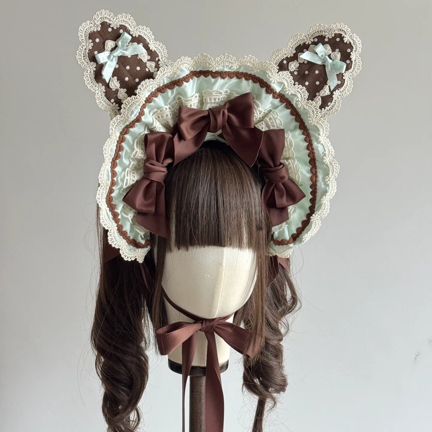 Bunny Bow Lolita Bonnet & KC Headband – Latte or Yellow-Pink