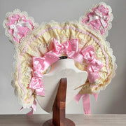 Bunny Bow Lolita Bonnet & KC Headband – Latte or Yellow-Pink