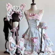 Blue & Pink Plaid Cupcake Lolita Bunny Bonnet [MAID]