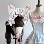 Blue & Pink Plaid Cupcake Lolita Bunny Bonnet [MAID]