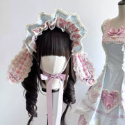 Blue & Pink Plaid Cupcake Lolita Bunny Bonnet [MAID]