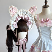Blue & Pink Plaid Cupcake Lolita Bunny Bonnet [MAID]