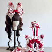 Pink & Red Plaid Cupcake Lolita Bunny Bonnet Set [MAID]