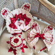 Pink & Red Plaid Cupcake Lolita Bunny Bonnet Set [MAID]