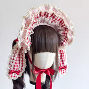 Pink & Red Plaid Cupcake Lolita Bunny Bonnet Set [MAID]