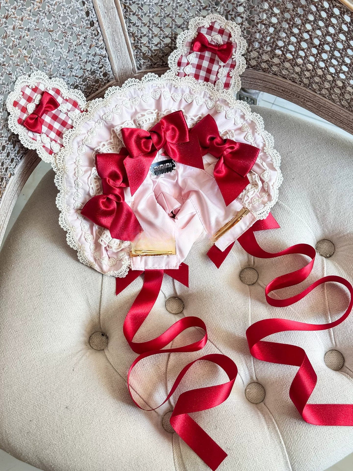 Pink & Red Plaid Cupcake Lolita Bunny Bonnet Set [MAID]