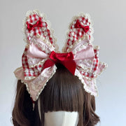 Pink & Red Plaid Cupcake Lolita Bunny Bonnet Set [MAID]