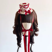 Pink & Red Plaid Cupcake Lolita Bunny Bonnet Set [MAID]