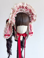 Pink & Red Plaid Cupcake Lolita Bunny Bonnet Set [MAID]