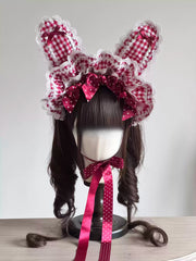 Plaid Bunny Ear Lolita Bonnet, 2-Way Wear