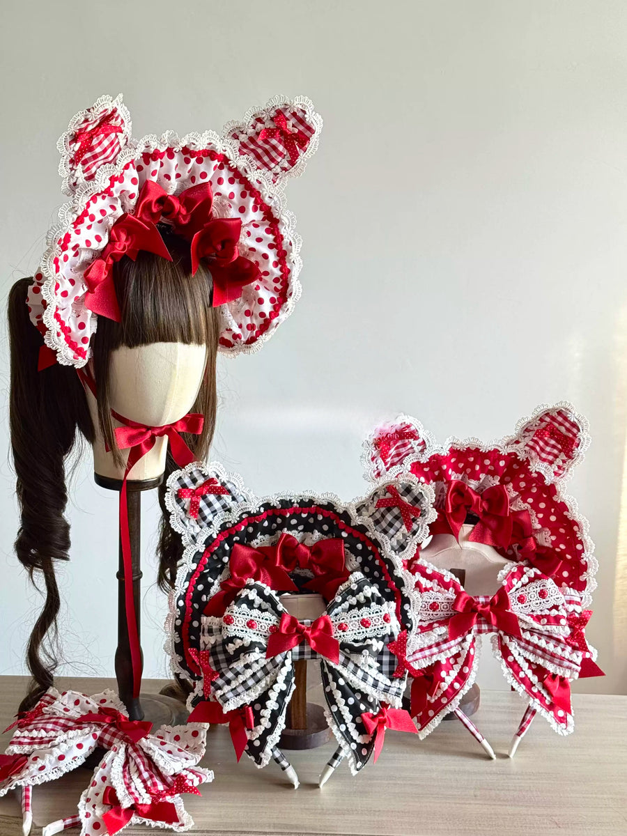 Strawberry Print Polka Dot Lolita Bonnet & KC Headband