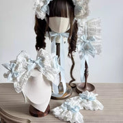 Laura's Doll Bunny Ear Bonnet, KC & Sleeves — Blue & White