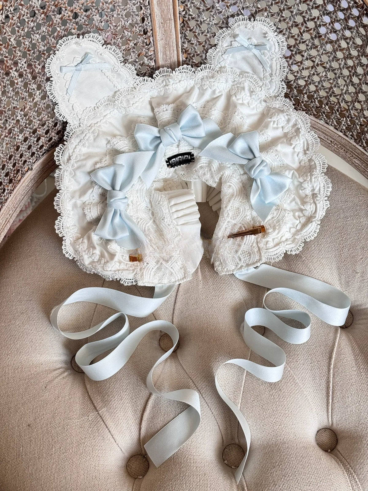 Laura's Doll Bunny Ear Bonnet, KC & Sleeves — Blue & White