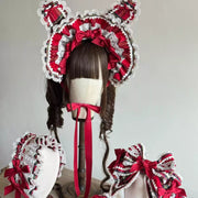 Laura's Doll Bunny Ear Bonnet, KC & Sleeves — Red Plaid