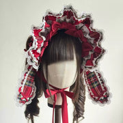 Laura's Doll Bunny Ear Bonnet, KC & Sleeves — Red Plaid