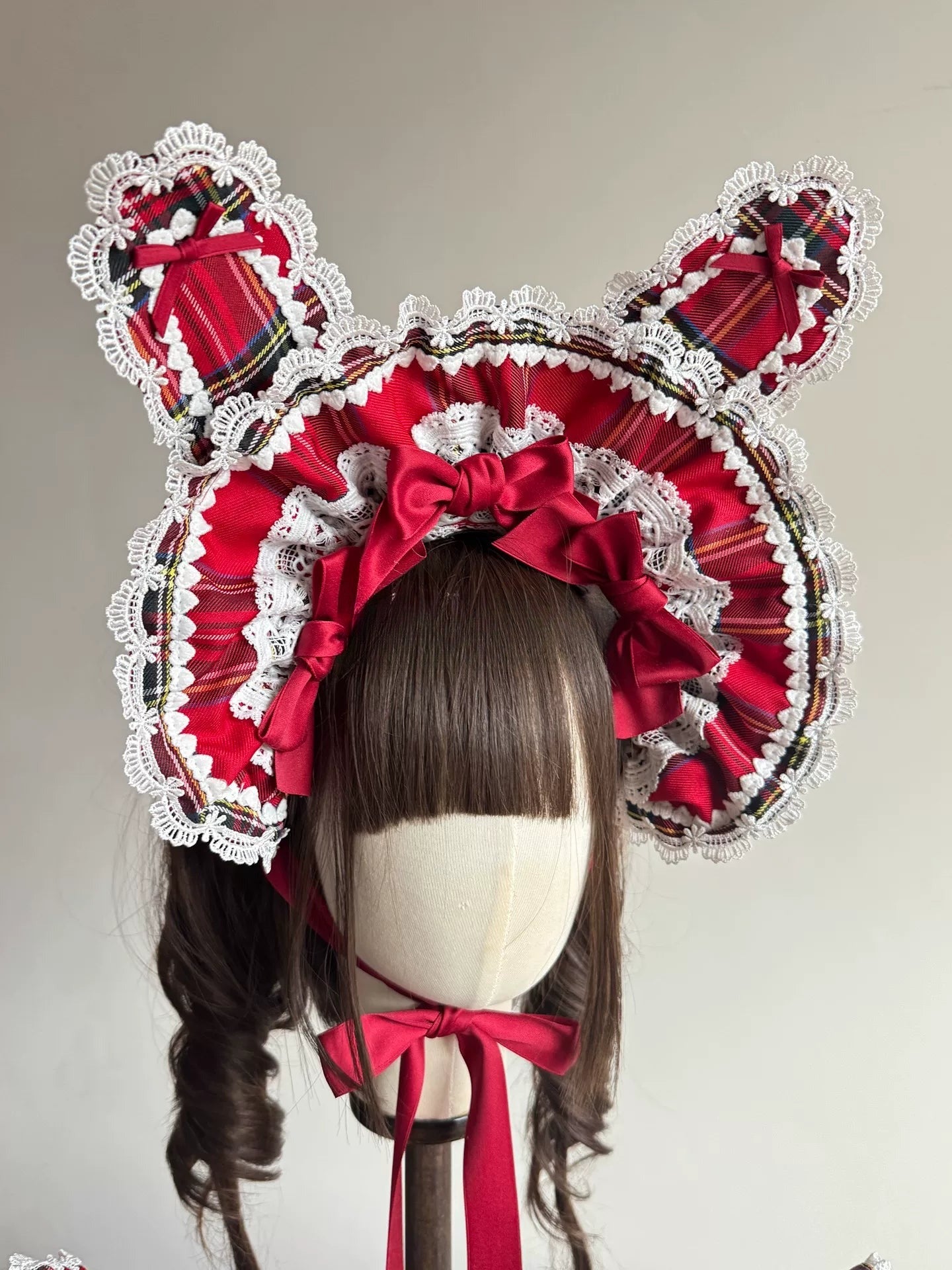 Laura's Doll Bunny Ear Bonnet, KC & Sleeves — Red Plaid