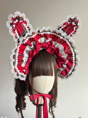 Laura's Doll Bunny Ear Bonnet, KC & Sleeves — Red Plaid