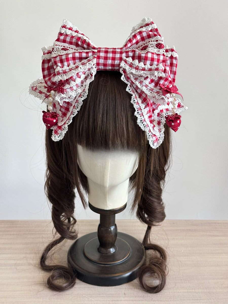 Red plaid Strawberry Momo Party bow KC headband with lace and strawberry charms