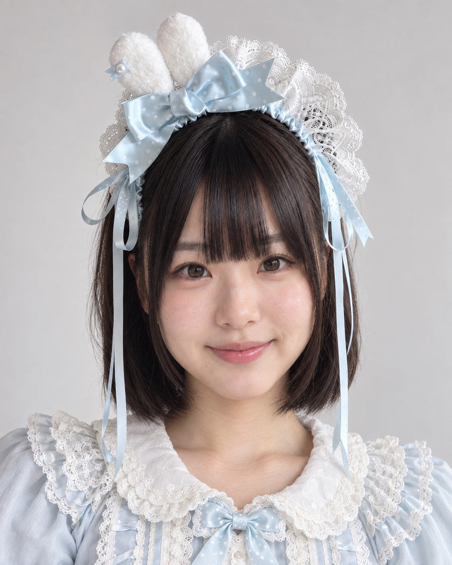 Blue polka dot mini bunny ear Lolita headband worn by Bowlita model