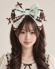 Bunny Bow Lolita Bonnet & KC Headband – Latte or Yellow-Pink — Latte Bow KC Headband worn by an adult model