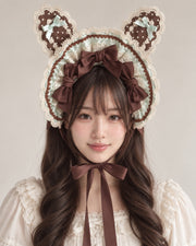 Bunny Bow Lolita Bonnet & KC Headband – Latte or Yellow-Pink — Latte Bunny Ear Bonnet worn by an adult model