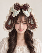 Bunny Bow Lolita Bonnet & KC Headband – Latte or Yellow-Pink — Latte Droopy Ear KC Headband worn by an adult model