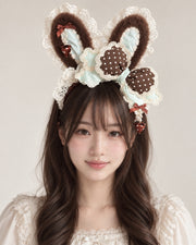 Bunny Bow Lolita Bonnet & KC Headband – Latte or Yellow-Pink — Latte Standing Ear KC Headband worn by an adult model