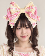 Bunny Bow Lolita Bonnet & KC Headband – Latte or Yellow-Pink — Yellow-Pink Bow KC Headband worn by an adult model