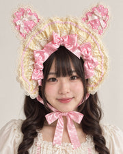 Bunny Bow Lolita Bonnet & KC Headband – Latte or Yellow-Pink — Yellow-Pink Bunny Ear Bonnet worn by an adult model
