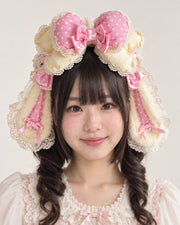 Bunny Bow Lolita Bonnet & KC Headband – Latte or Yellow-Pink — Yellow-Pink Droopy Ear KC Headband worn by an adult model
