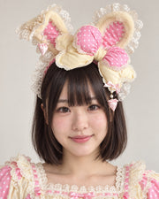 Bunny Bow Lolita Bonnet & KC Headband – Latte or Yellow-Pink — Yellow-Pink Standing Ear KC Headband worn by an adult model