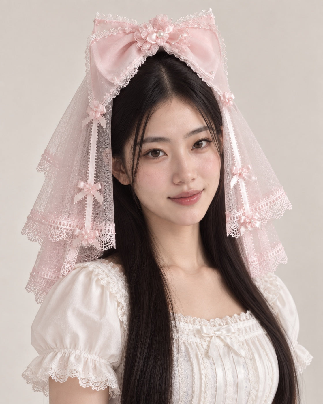 Cherry Blossom Confession pink bow and pink short veil — model view