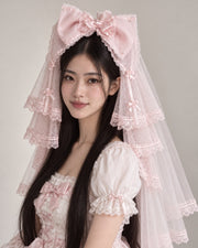 Cherry Blossom Confession pink short and long veil deluxe combo — model view