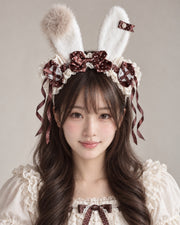 Coffee polka dot beige accent plush bunny ear Lolita headband worn by Bowlita model