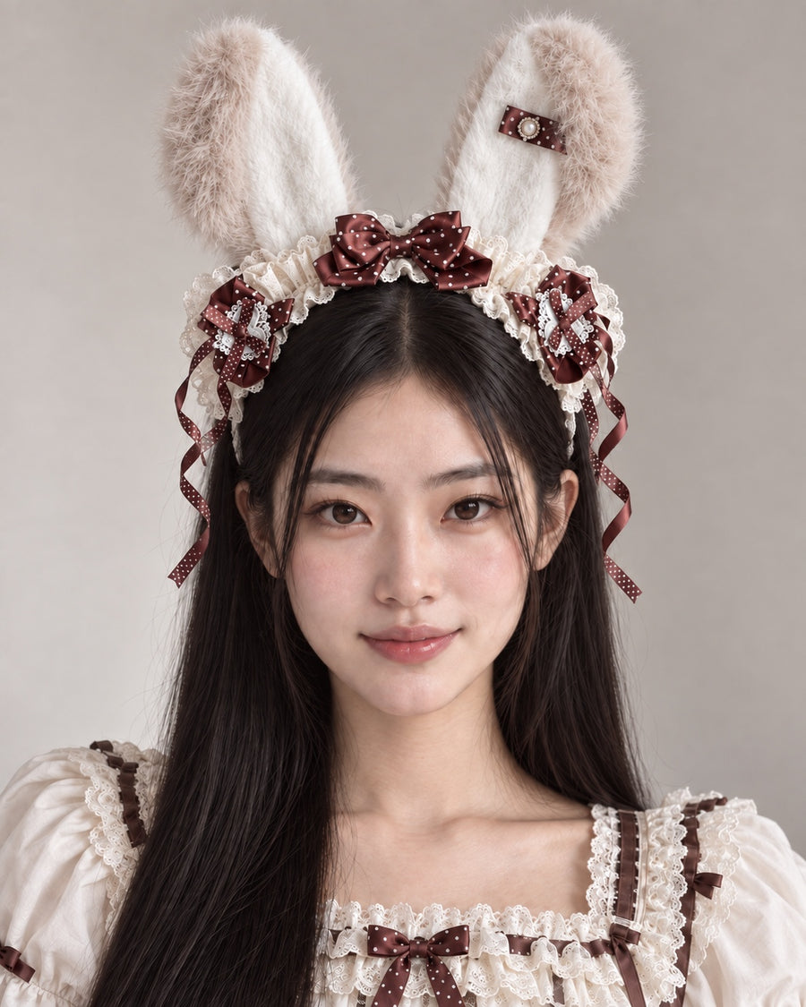 Coffee polka dot cream white plush bunny ear Lolita headband worn by Bowlita model