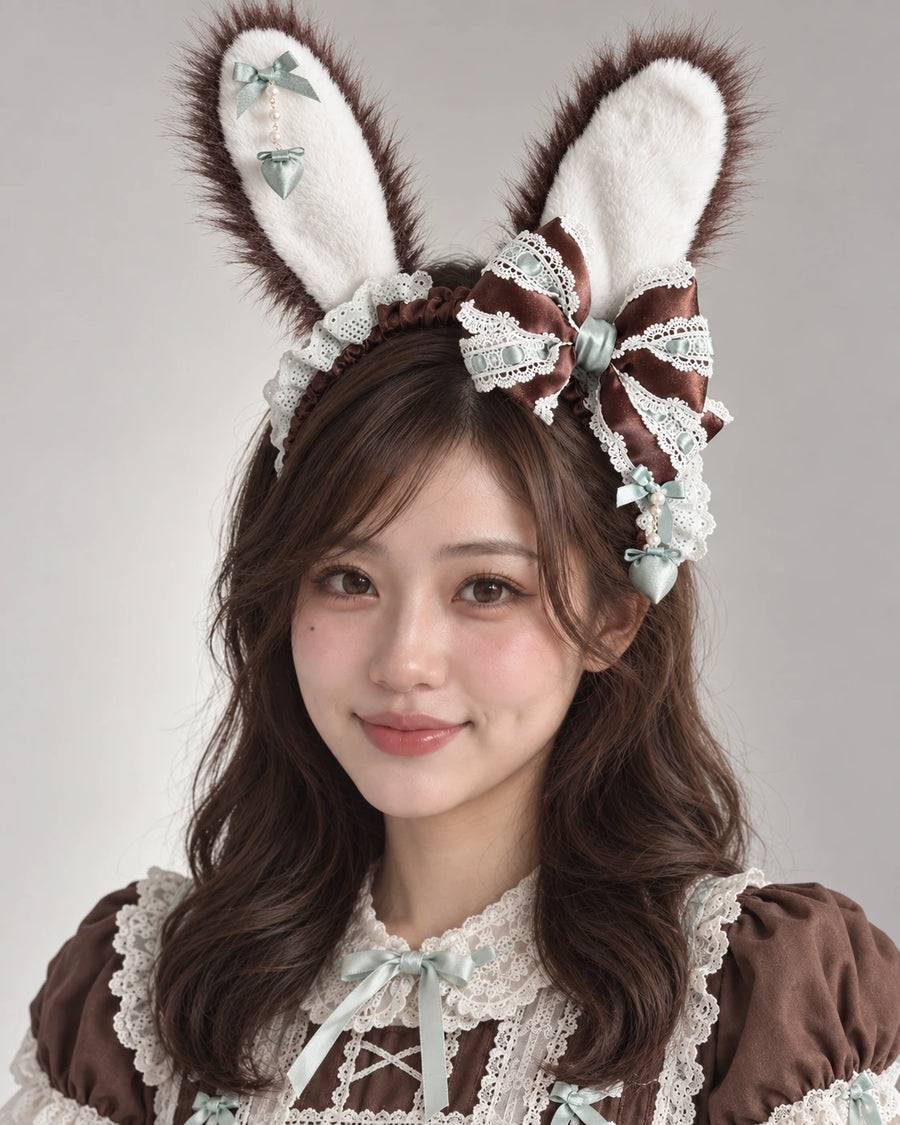 Light Chocolate bunny ear Lolita headband worn by Bowlita model