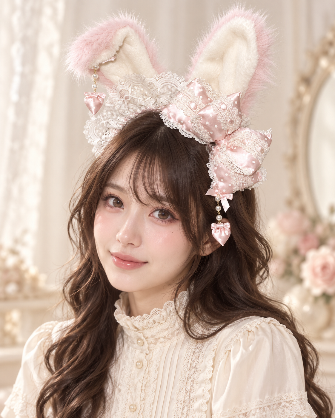 Model wearing Light Pink Polka Dot Bunny Lolita KC headband – front view