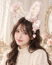 Model wearing Light Pink Polka Dot Bunny Lolita KC headband – front view