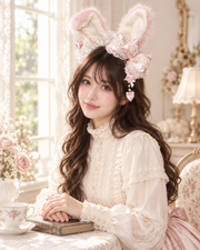 Model wearing Light Pink Polka Dot Bunny Lolita KC headband – lifestyle lookbook