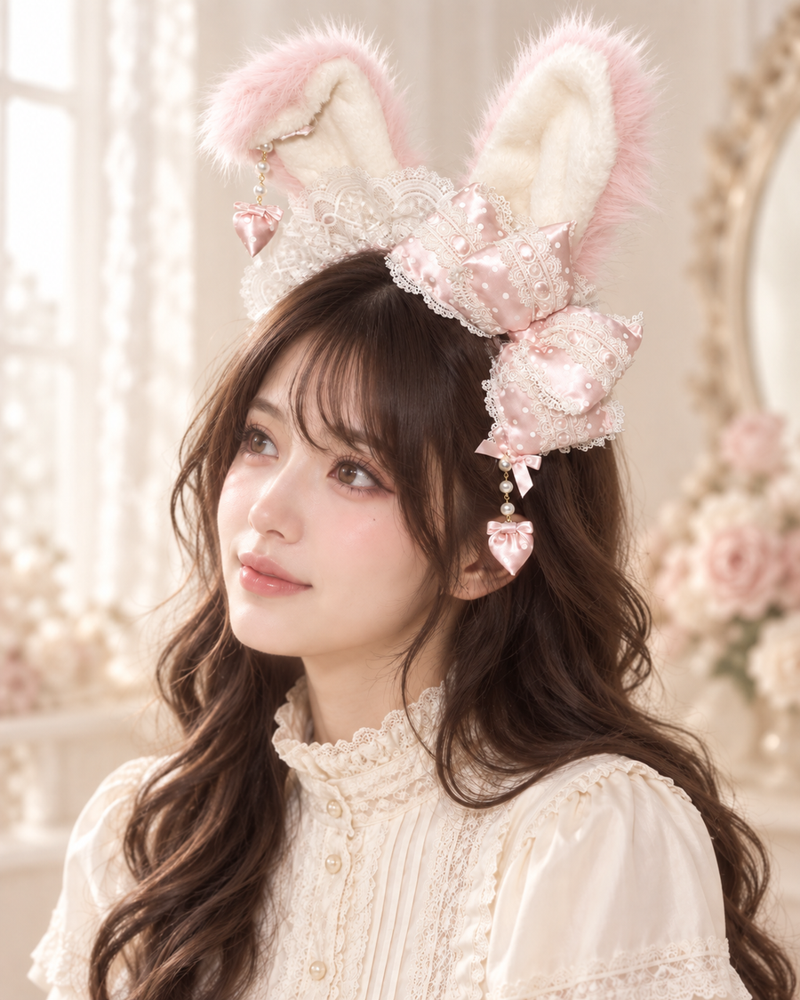Model wearing Light Pink Polka Dot Bunny Lolita KC headband – side view