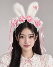 Deep Pink Polka Dot from Plush Bunny Ear Headband — Polka Dot & Stripe, worn by a Bowlita model