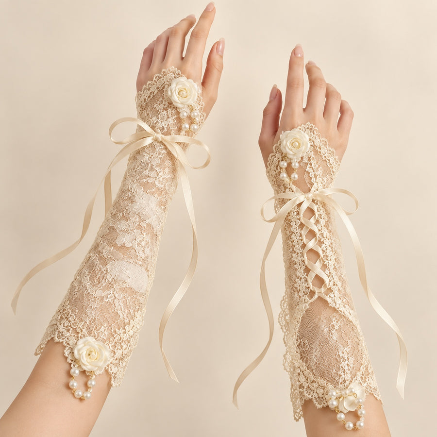 Natural ecru NoLolita Third Anniversary lace arm sleeves worn as a pair