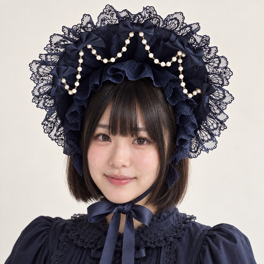 Sea of Dreams dark navy lace Lolita bonnet with pearl chains and bows