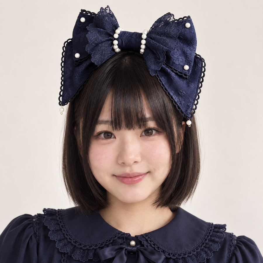 Sea of Dreams dark navy KC headband with lace bow and pearl accents