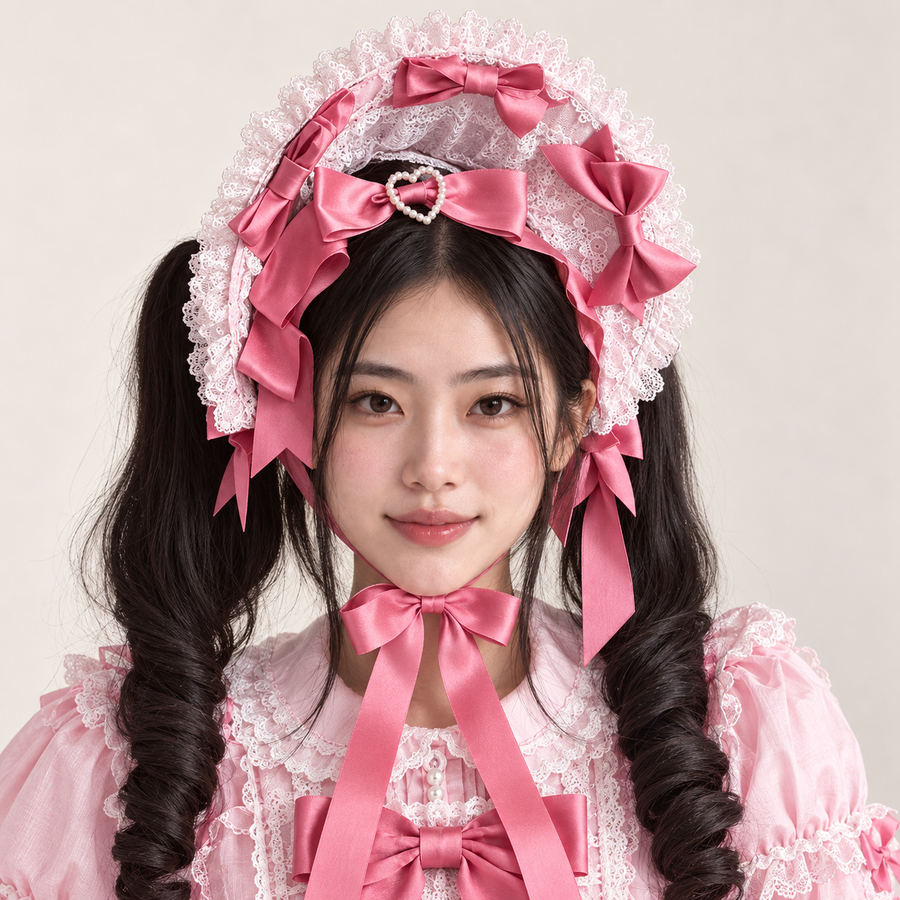 Pink Dupioni Silk Cake Lolita bonnet with lace bows and pearl heart buckle