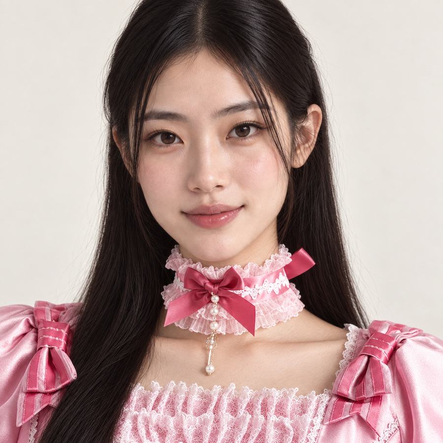 Pink Dupioni Silk Cake Lolita lace choker with satin bow and pearl drops
