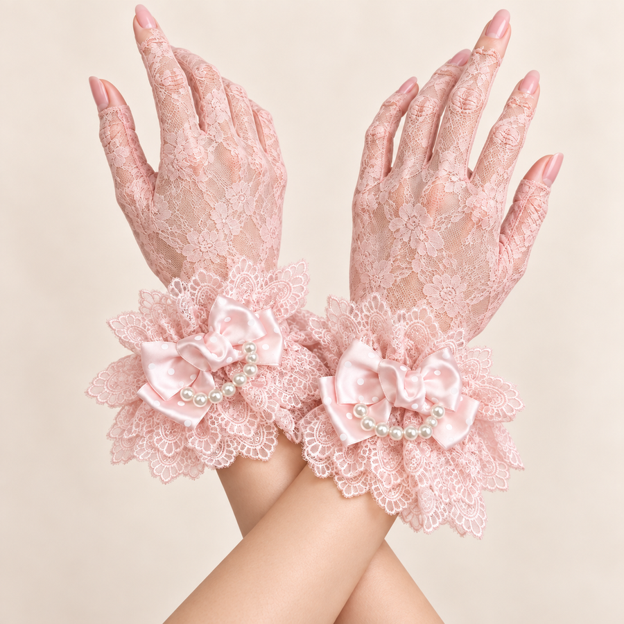 Hand-dyed pink lace gloves and sleeves with pink polka dot pearl bows, hands upward